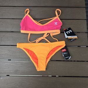 TYR Women's Neon Pink/orange Crosscutfit Tieback Workout Bikini Sz S NEW
